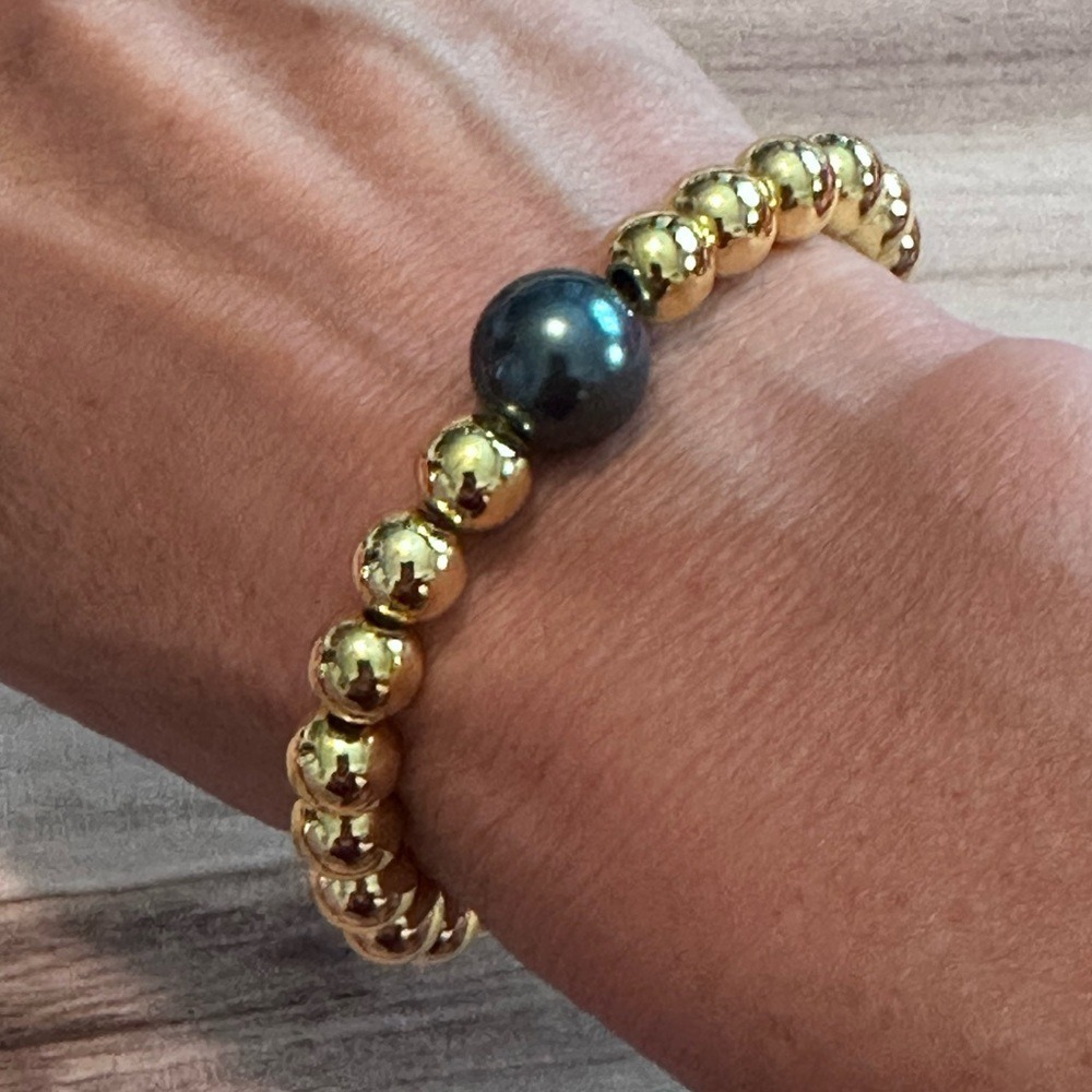 18K Gold-Filled 8mm Beaded Bracelet 12mm Swarovski Tahitian Pearl, 7" Handmade